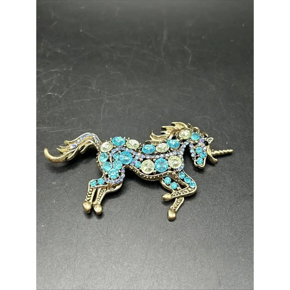 Big Modern Unicorn Pin Brooch Gold tone Blue Glass 3 1/2”